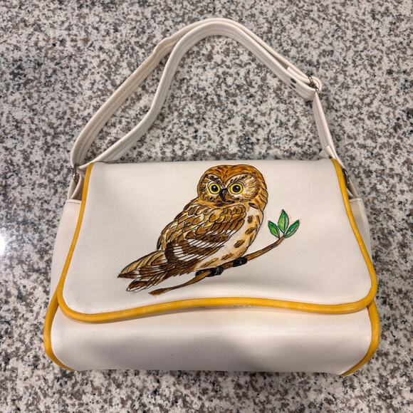 Vtg Vinyl Owl Shoulder Bag Pegie by the Sea Purse Handbag White Yellow Retro 70s - Picture 2 of 12